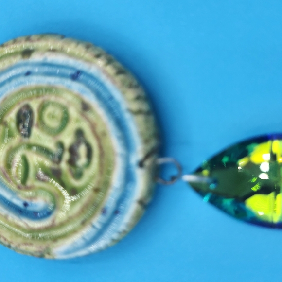 Green and Blue Face Ceramic Pendant Necklace With Crystal Dangle - Picture 2 of 6